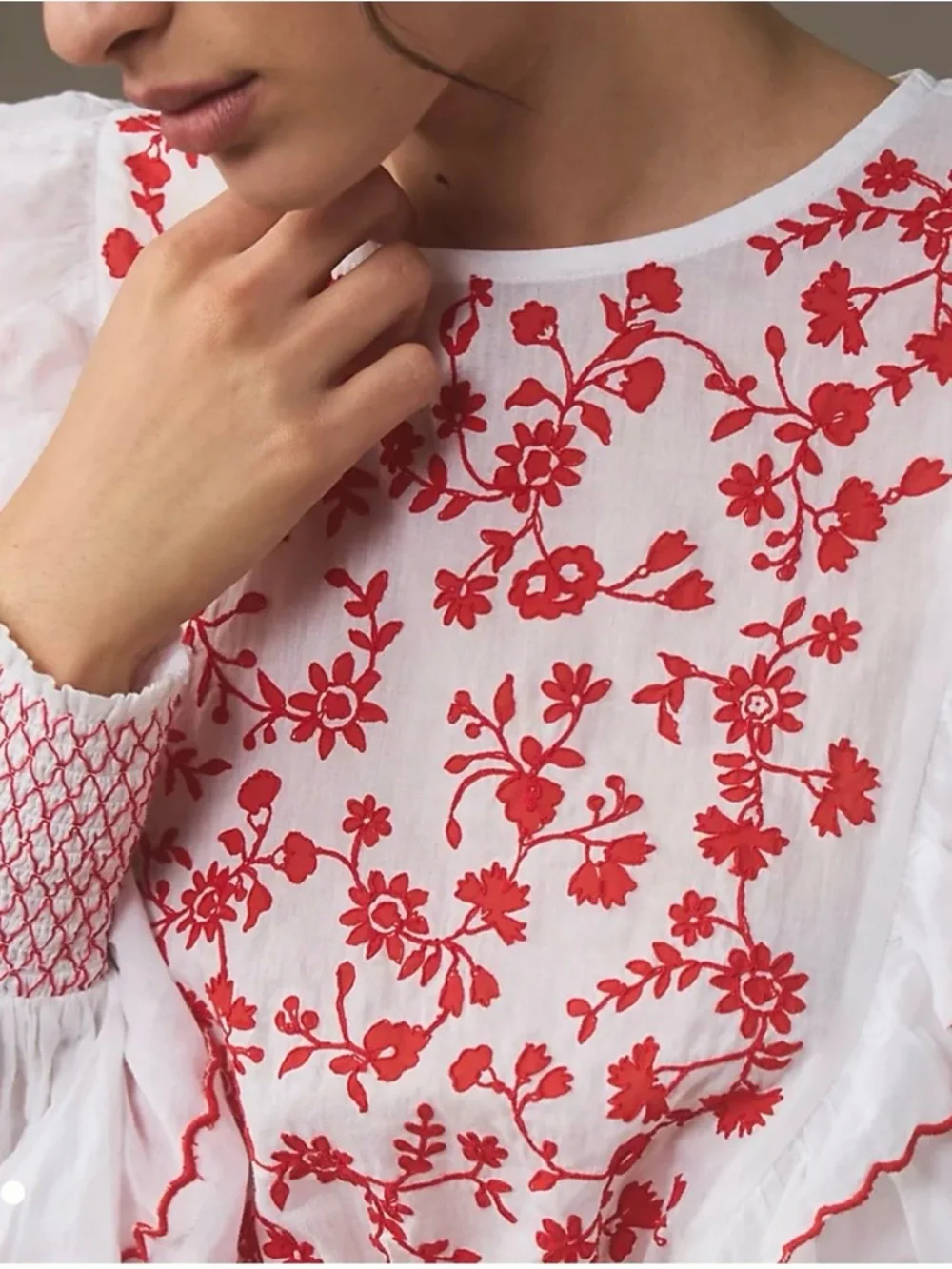 Farm Rio White Peasant with Red Floral Embroidery Long Sleeve Blouse Sz small - Picture 3 of 12